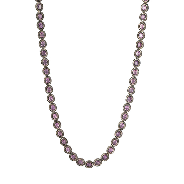Munnu The Gem Palace Pink Sapphire & Round Cut Diamond Indo Russian Flat Oval Link Necklace  - Necklaces - Broken English Jewelry