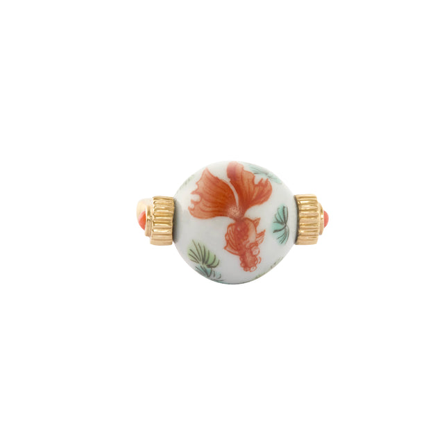 Coral and Ceramic Sphere East West Ring