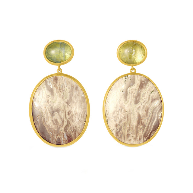 Aquamarine and Fossilized Wood Earrings