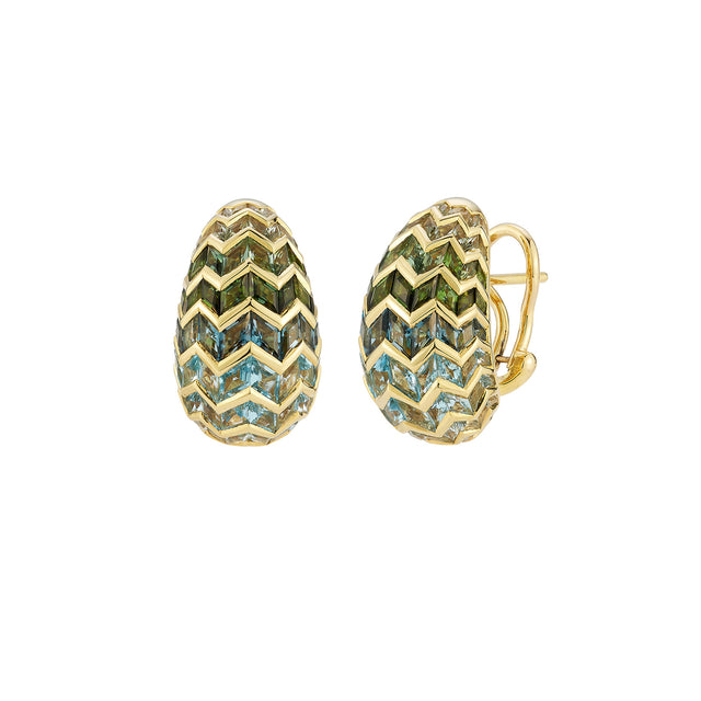 Ark Awakening Domed Earrings - Aquamarine - Earrings - Broken English Jewelry, front and angled view