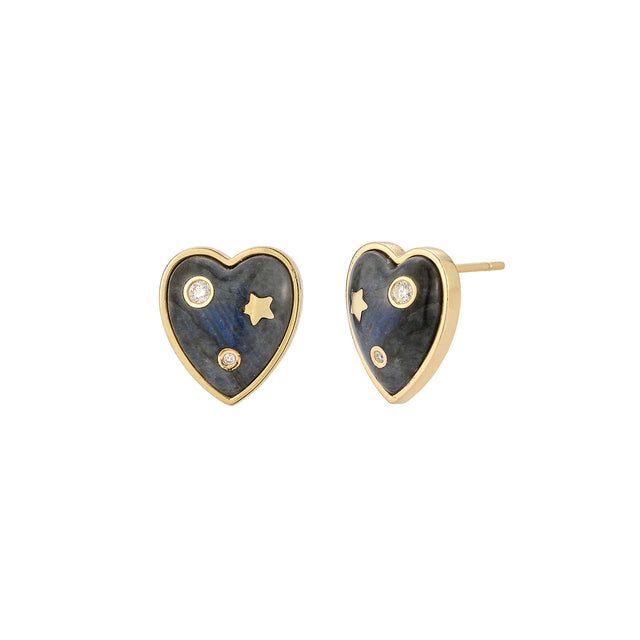 Storrow Labradorite and Diamond Anne Heart Stud Earrings - Earrings - Broken English Jewelry front and angled view