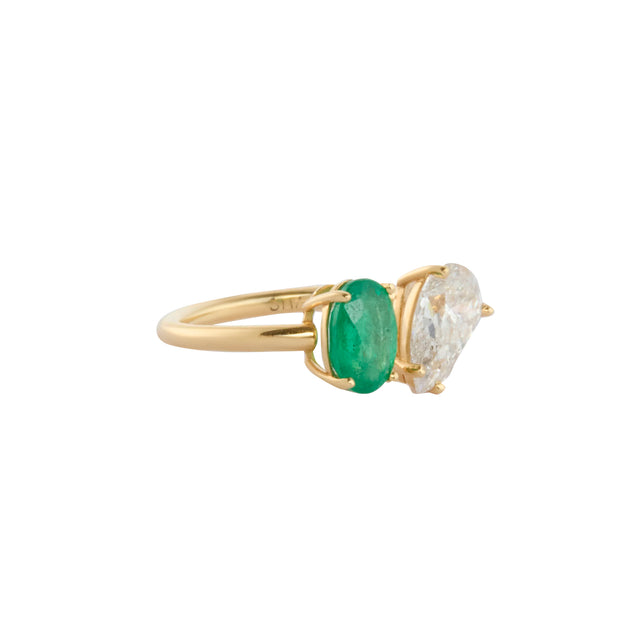 Pear Diamond and Oval Emerald Twin Ring