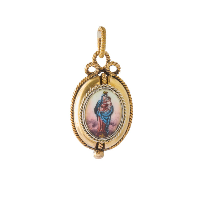 Enamel Virgin Mary Pendant 14K Yellow Gold & Sterling Silver